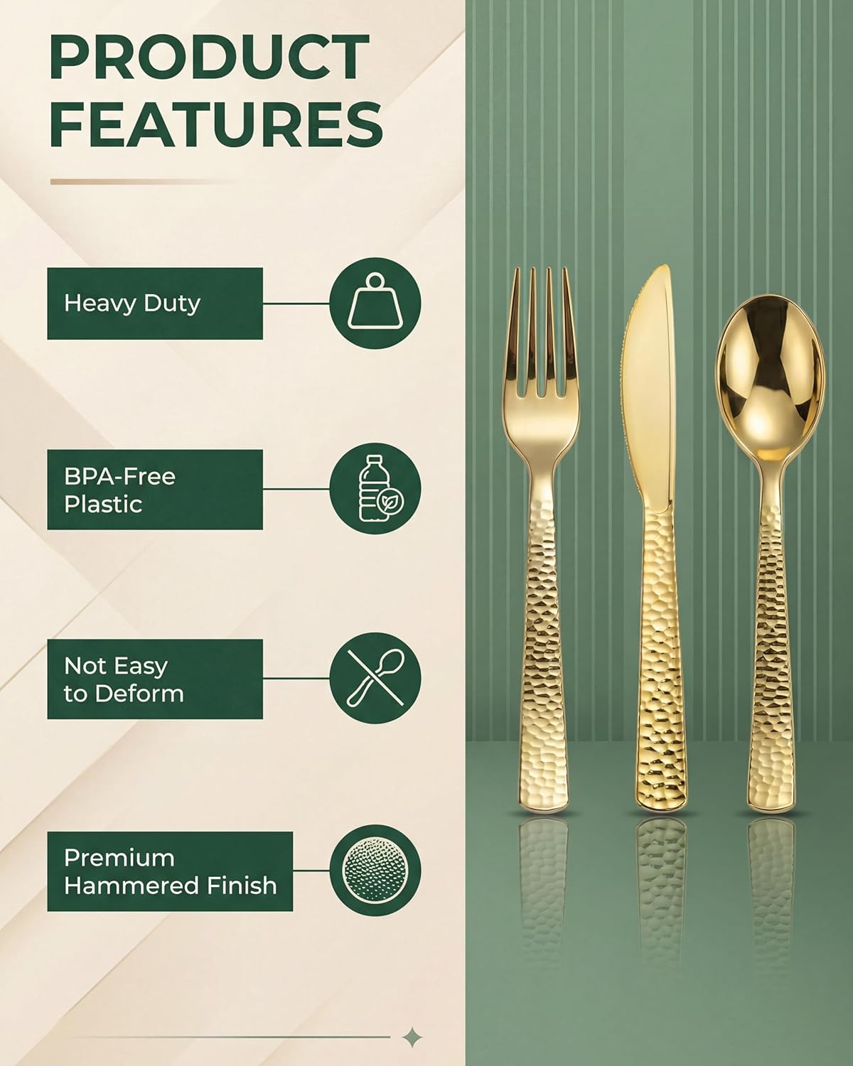 Nervure 300PCS Gold Hammered Plastic Silverware - Heavy Duty Plastic Cutlery - Gold Disposable Utensils Includes 100 Forks, 100 Knives, 100 Spoons Perfect for Wedding & Party - Image 9