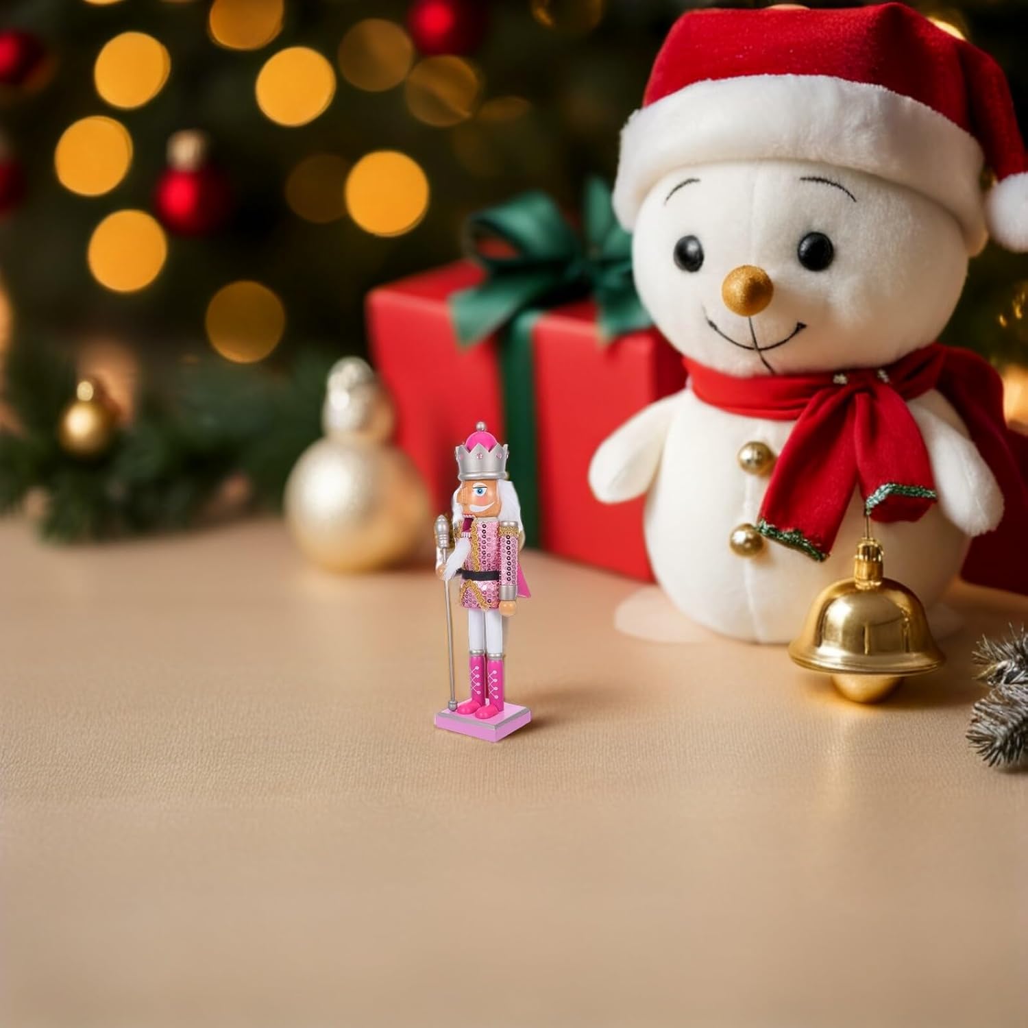 Cabilock Wooden Christmas Nutcracker Soldier Figurine 38cm Pink Nutcracker Puppet Doll Festive Tabletop Decor for Holiday Home Decoration