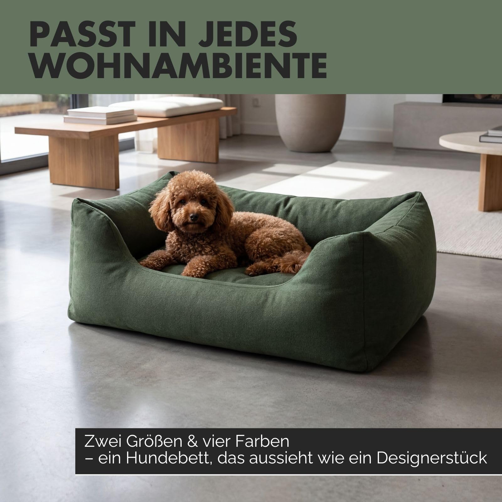 Emma Hundebett | Orthopädisches Hundebett | Hundekörbchen für kleine und mittelgroße Hunde (Olive, 85x65cm)