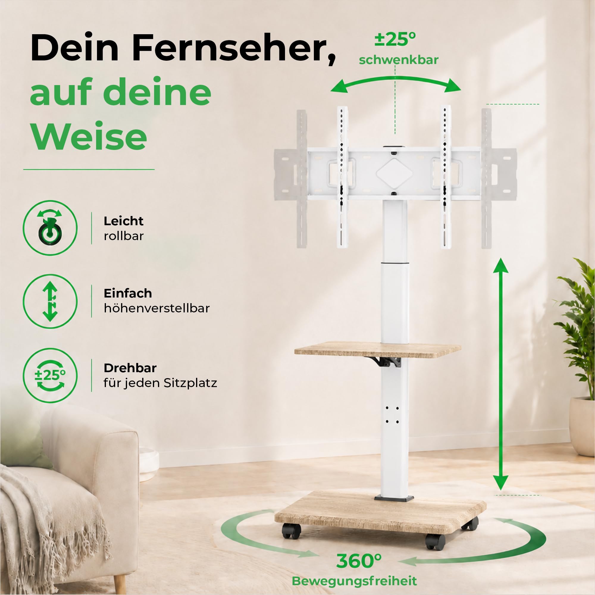 Delphos Mobiler TV Ständer Rollbar mit Holzfuß, Fernsehständer für 32-70 Zoll Fernseher bis zu 45 kg, Hoehenverstellbar bis ca.130 cm Drehbar ±25° Max.VESA 600x400