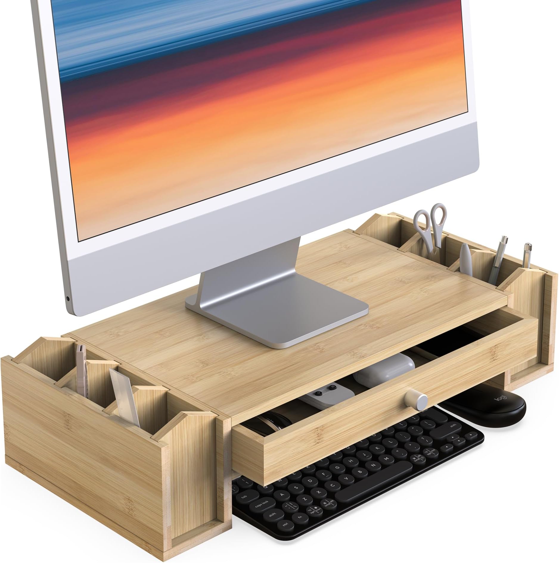 2-Tier Monitor Stand Riser with Drawer and Pen Holder, Laptop Computer Stand with 6 Vertical Compartments Desk Organizer with Storage for 27,24,21 inch Monitor, iMac - Natural Bambo