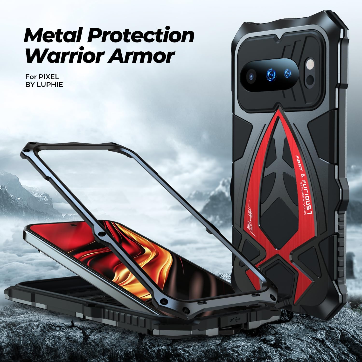Lunivop for Google Pixel 10 Pro/Pixel 10 Case Metal Heavy Duty Black Red image 2