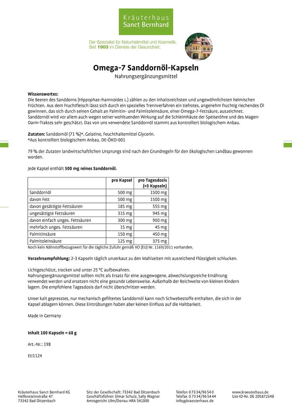 Sanct Bernhard Omega Fettsäuren Sanddornöl-Kapseln mit Sanddornöl aus biologischem Anbau 100 Kapseln