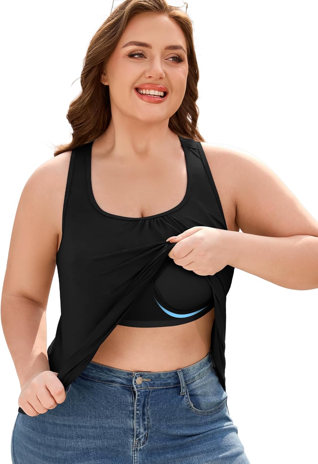 FOREYOND Plus Size Tank Top with Shelf Bra for Women Racerback Camisole Tops with Built in Bra Cotton Undershirts
