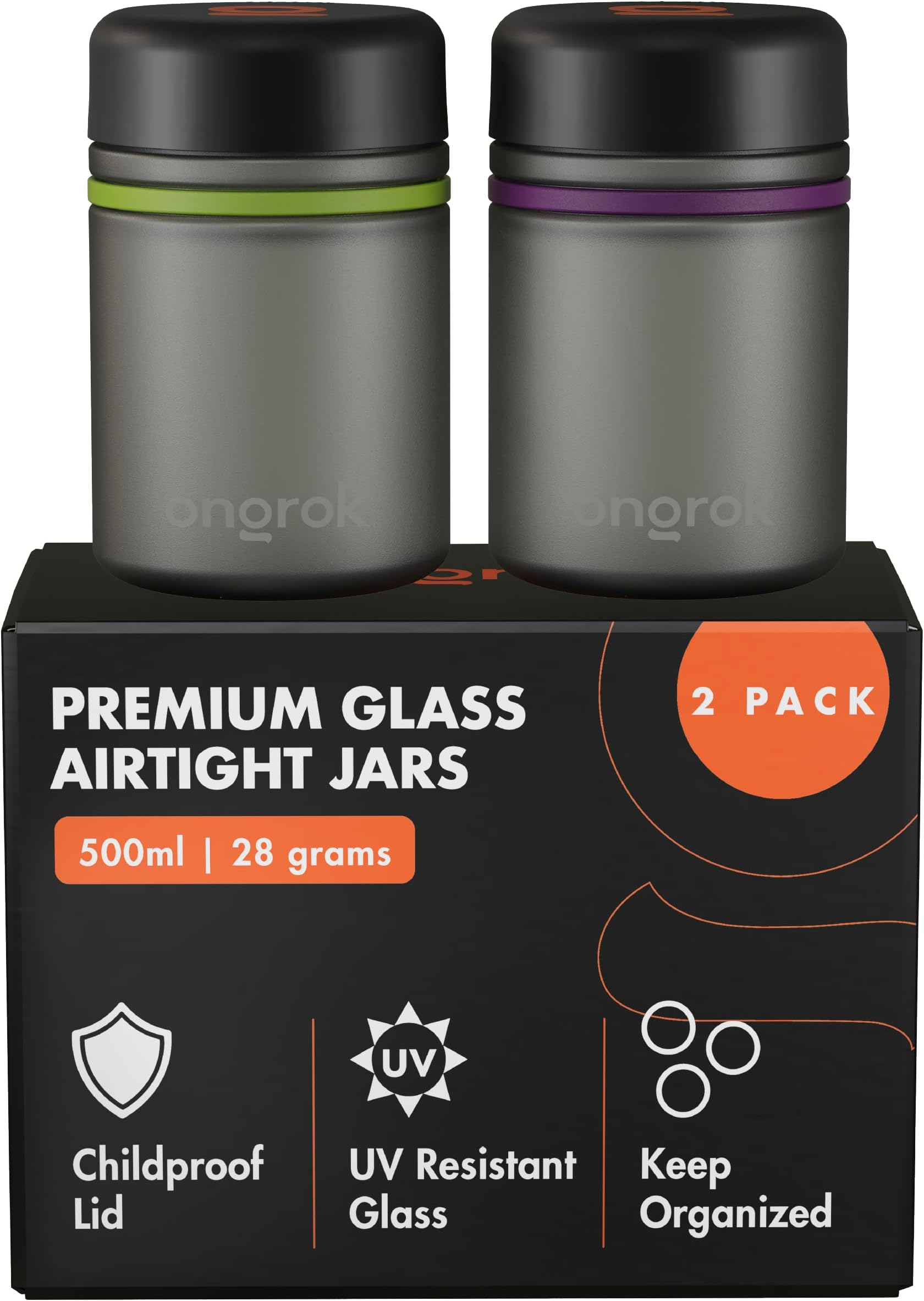 ONGROK Glass Storage Jar, 500ml, 2 Pack, Color-Coded Airtight Glass Containers, UV Herb Jar to with Child Resistant Lid, Perfect Size Jar to Store in a Drawer or Cupboard
