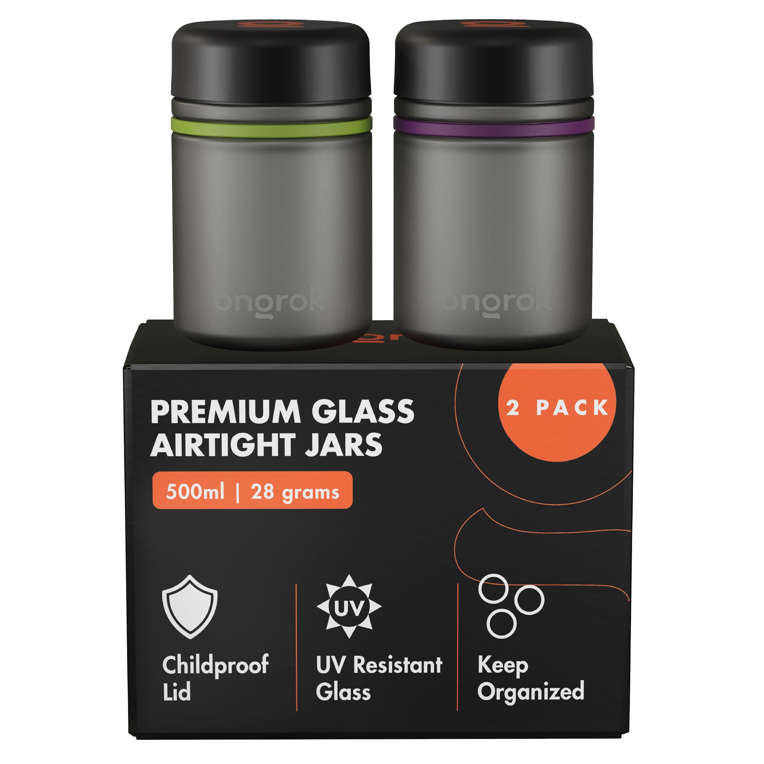 ONGROK Vorratsglas aus Glas, 500 ml, 2 Stück, UV-Kräuter-/Gewürzglas mit kindersicherem Deckel, farbkodierte Glasbehälter, luftdicht, um Geruch und Aroma zu bewahren, perfekte Größe zur Aufbewahrung