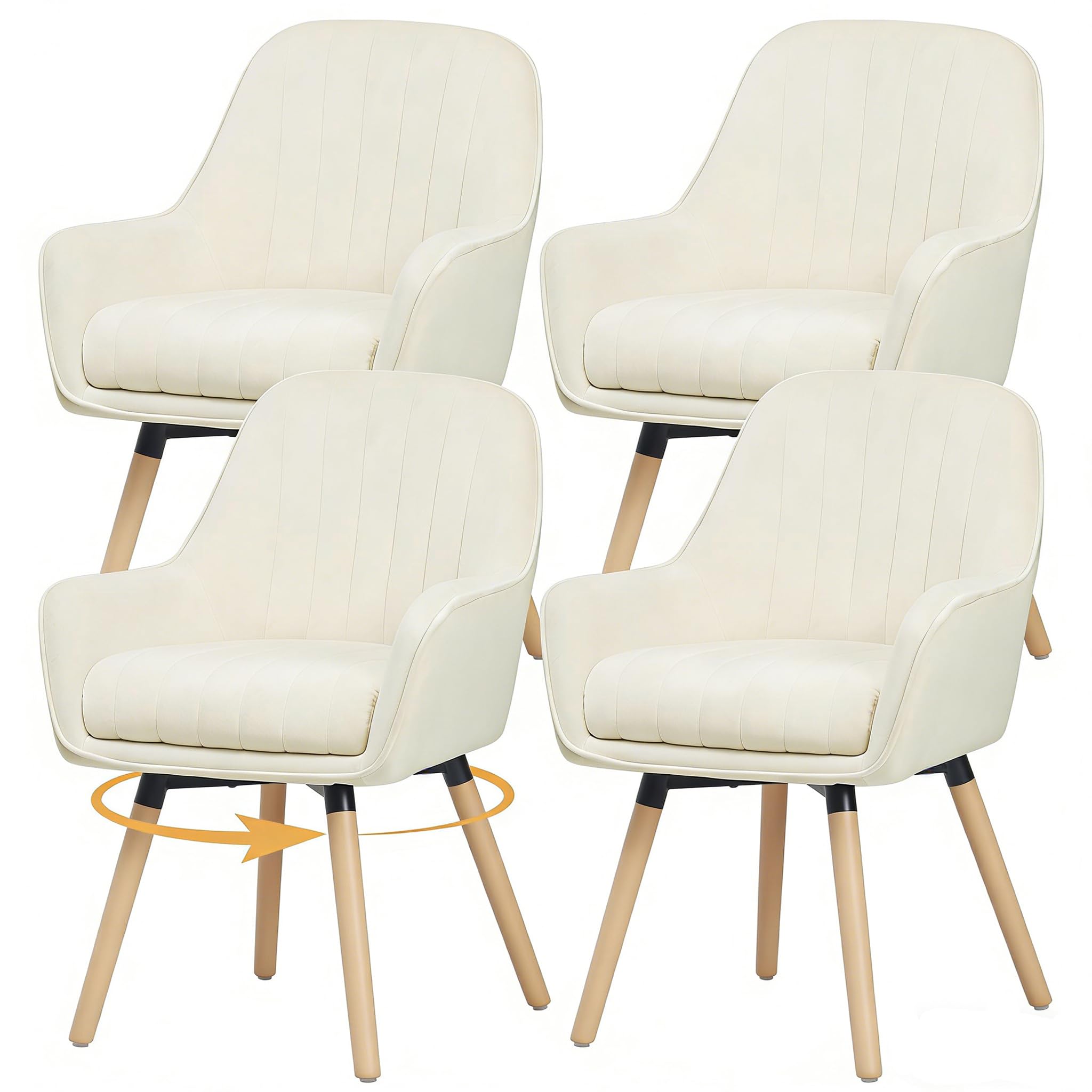 ELUCHANG Silla de Comedor Pack 4, 360°Giratoria, 12cm Grosor Sillones con Reposabrazos Altos, Crema Terciopelo Silla para Cocina, Salón, Dormitorio, Carga Máx. 150 kg, Patas de Madera