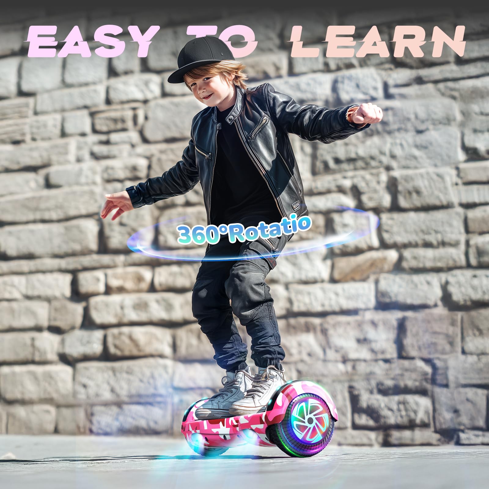 SISIGAD Hoverboard da 6,5 pollici con altoparlante Bluetooth, scooter autobilanciato, motore con luci colorate e luci LED，Camouflage rosa