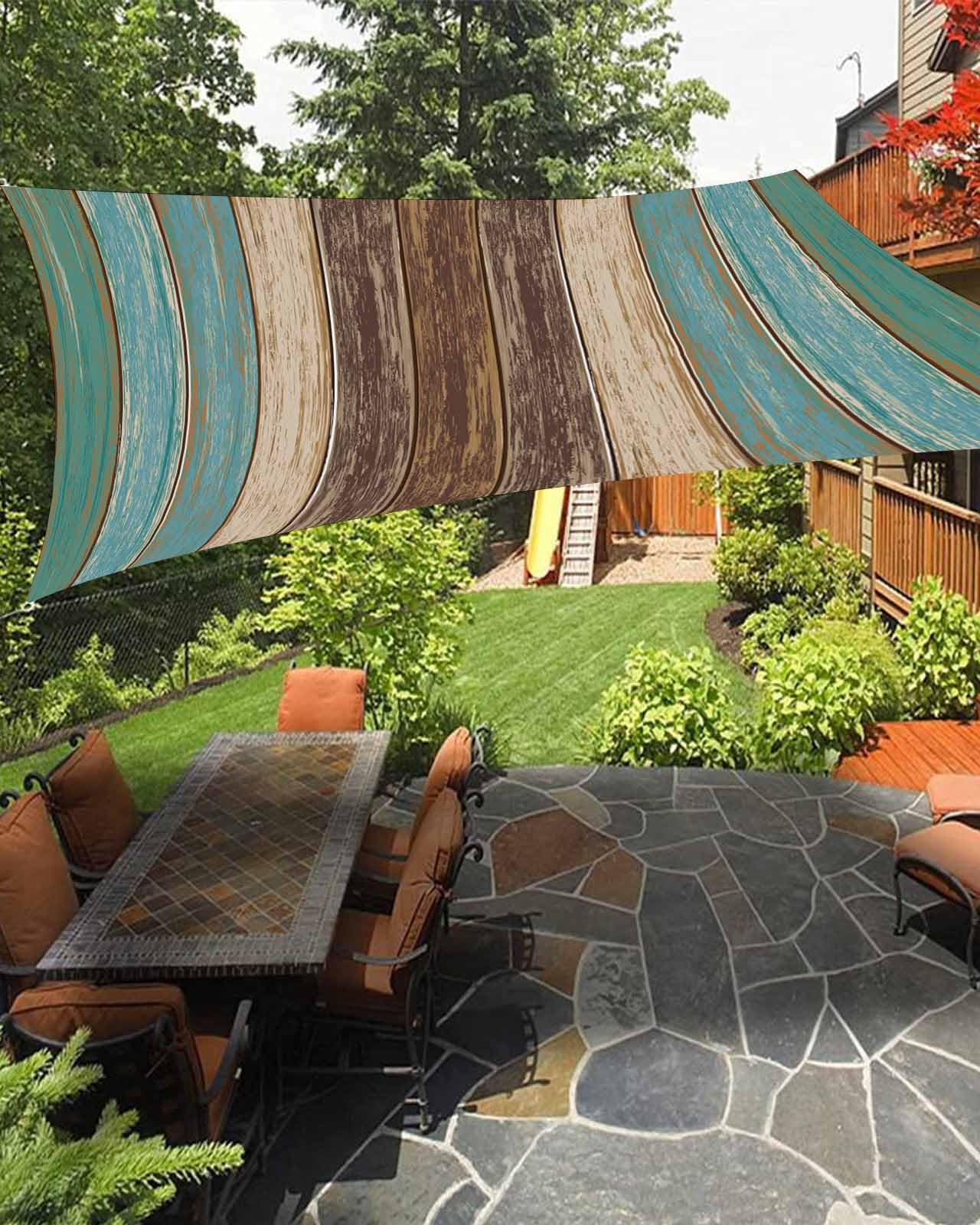 Boanket Sun Shade Sail 6.5' x 10', Teal Brown Farmhouse UV Block Sun Sails Shades for Outdoor Decor, Vintage Country Wooden Shade Cloth for Patio Deck Terrace Garden Lawns Beach Backyard