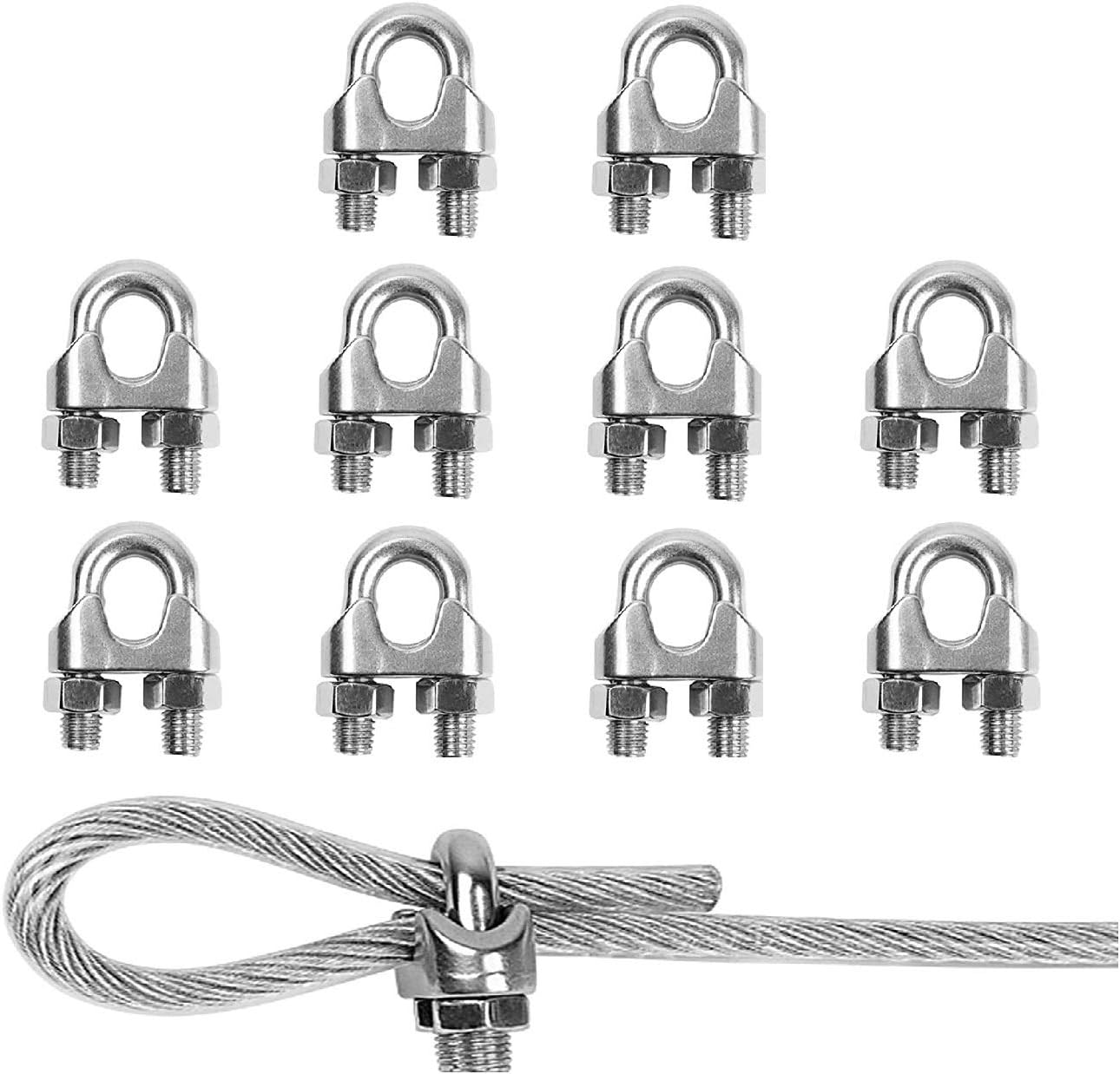 TERF® 10 Pcs Wire Rope Clip Clamps M5 for Ø 5mm (3/16") Rope Grip Galvanized Steel U Bolt Saddle Fastener for Rigging and Tension Cable Garden Tension Wire