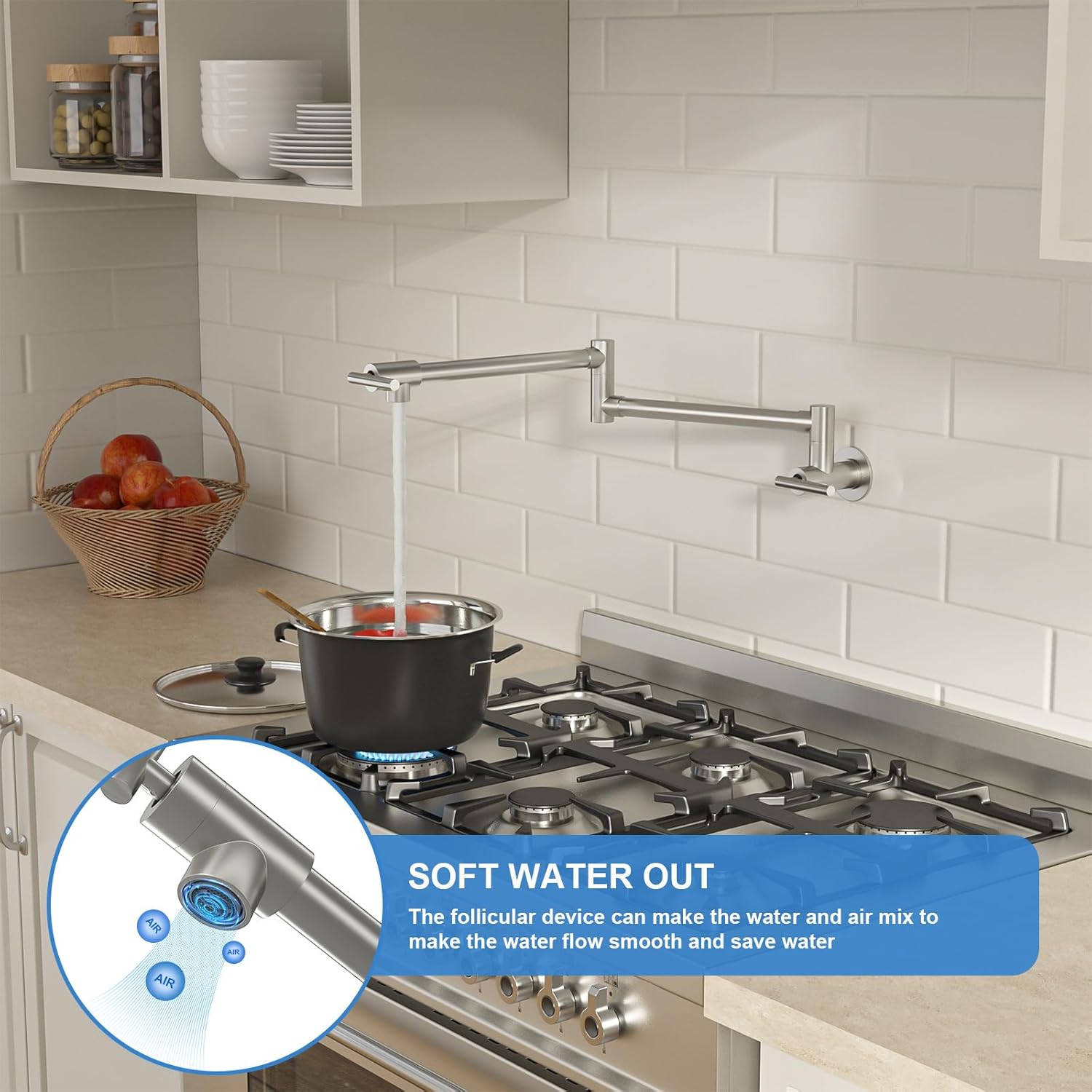 Lordear Pot Filler Faucet Brushed Nickel Finish Commercial Wall Mount Stove Kitchen Faucet, Stainless Steel Folding Faucet Over Stove, Kitchen Faucet with Double Joint Swing Arms - Image 4