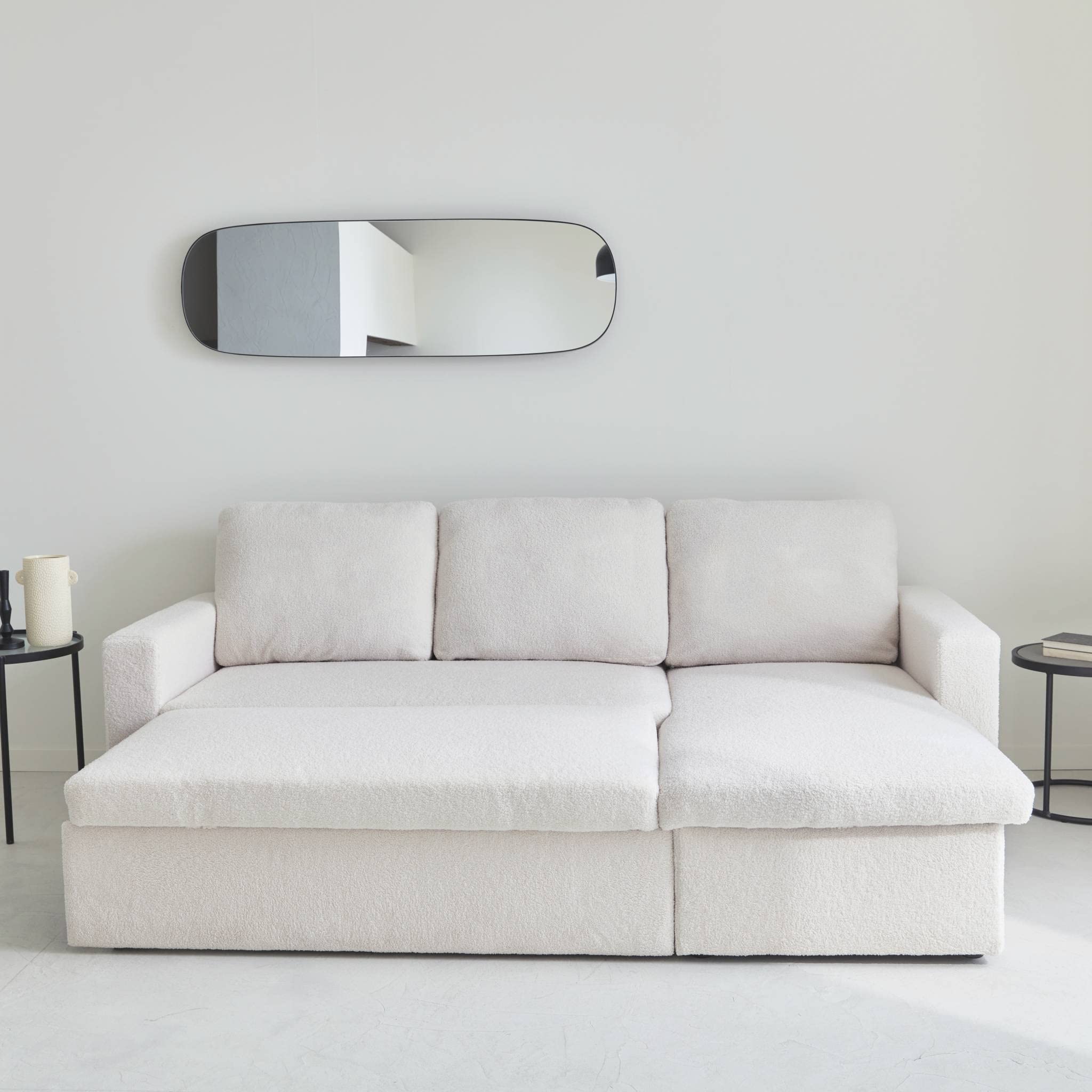 sweeek - Canapé d'angle Convertible en Tissu bouclettes crème - IDA - 3 Places. Fauteuil d'angle réversible Coffre Rangement lit modulable