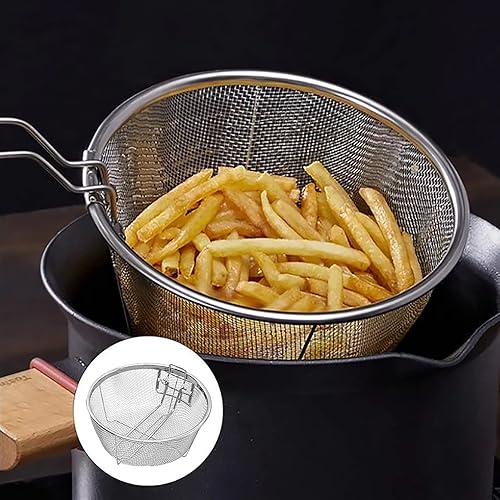 Miniatura 3 de Cesta para freír, cesta redonda de malla de alambre de acero inoxidable, cesta de sartén con asa para freír, pescado frito, chuletas de pollo o alas