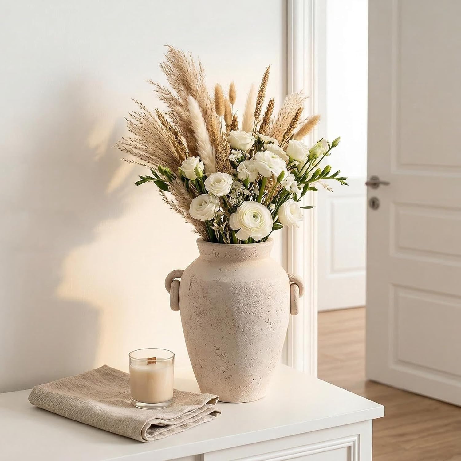 9.45 Inch Tall Vintage Ceramic Flower Vase with Handles, Rustic Farmhouse Vase for Home Decor, Distressed Decorative Terracotta Vase for Table Centerpiece Entryway Living Room Bedroom (M)