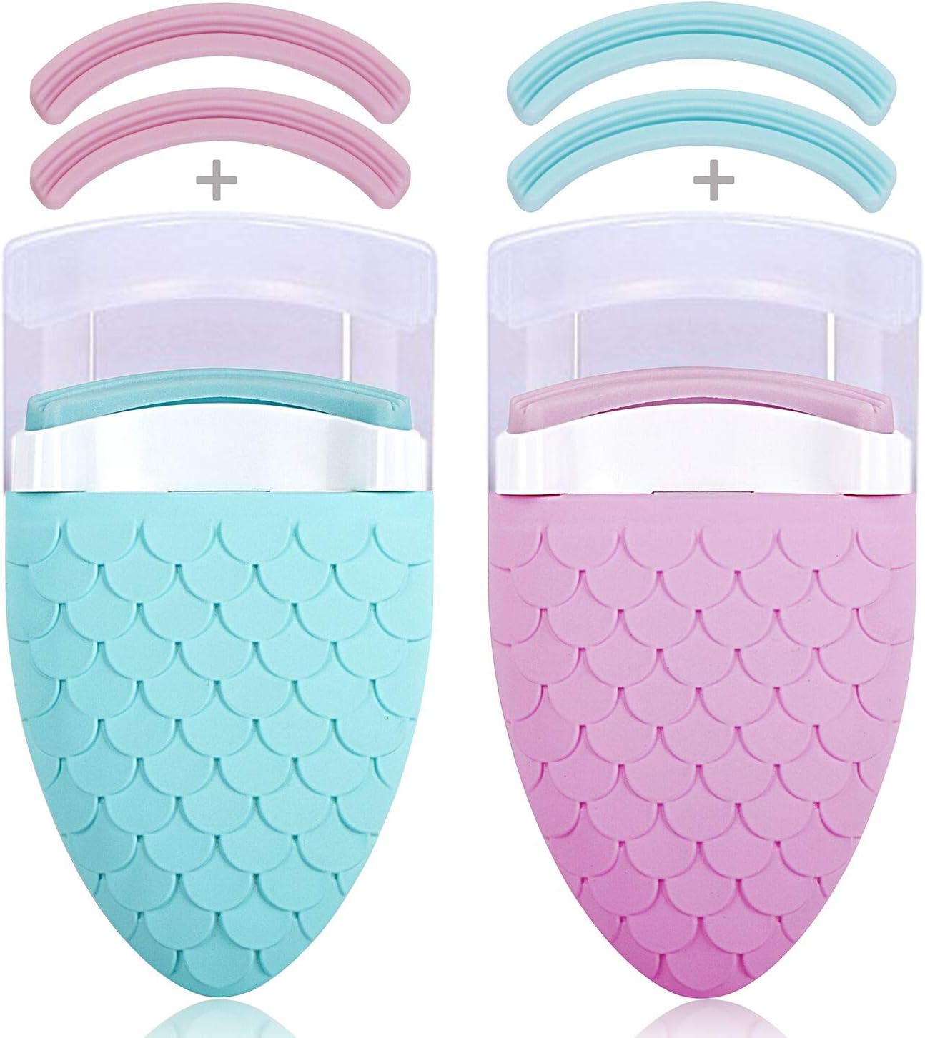 USHION Eyelash Curler - Portable Mermaid Lash Curlers with 4 Replacement Silicone Refill Pads, 3 Layers Curling Eyelashes, No Pinch No Pulling - 2 Pcs