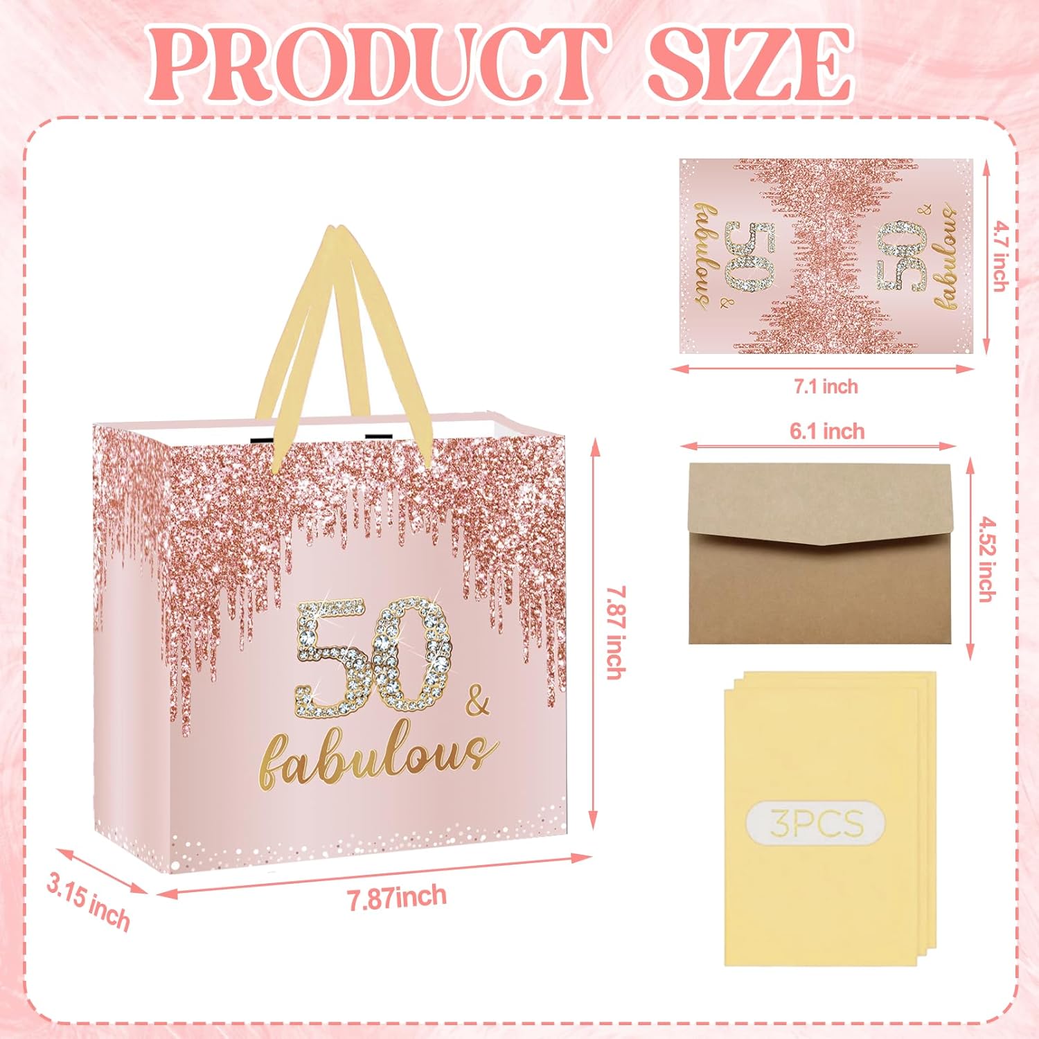SolarGlory Rose Gold 50th Birthday Gift Bag Large 50 & Fabulous Gift Bag with Card and Tissue Papers for Women 50 years old Birthday Wrapping Paper for Fifty years old Bday Party Decorations - Image 2