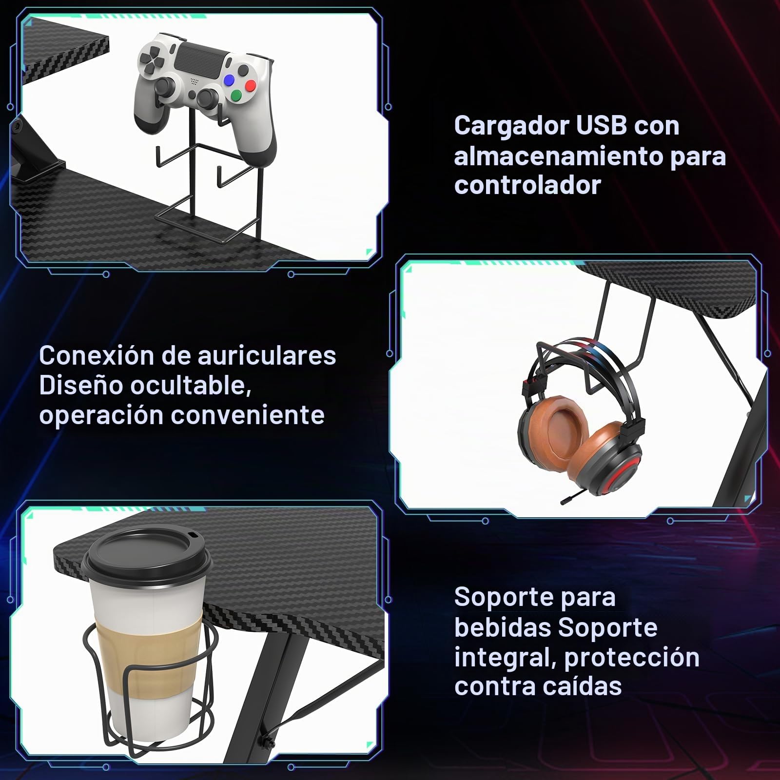 PIPIPOXER Mesa Gaming en Forma de Z 100x55x75cm, Escritorio Gaming con Soporte Monitor, Escritorio Gaming con Tablero de Fibra de Carbono, Gaming Desk para con Portavasos y Gancho para Auriculares