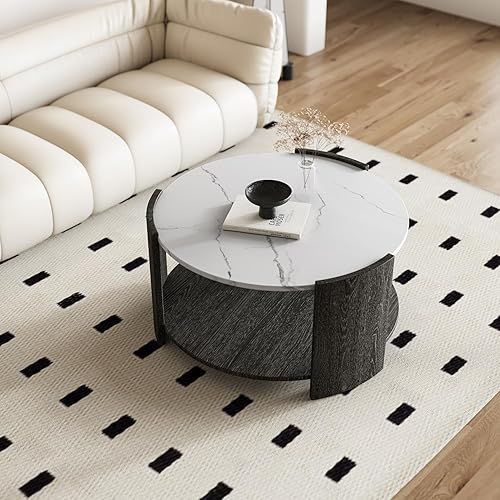 Miniatura 8 de Mesa de centro redonda, mesas de centro redondas rústicas modernas con estante de almacenamiento de 2 niveles, mesa de cóctel para sala de estar y