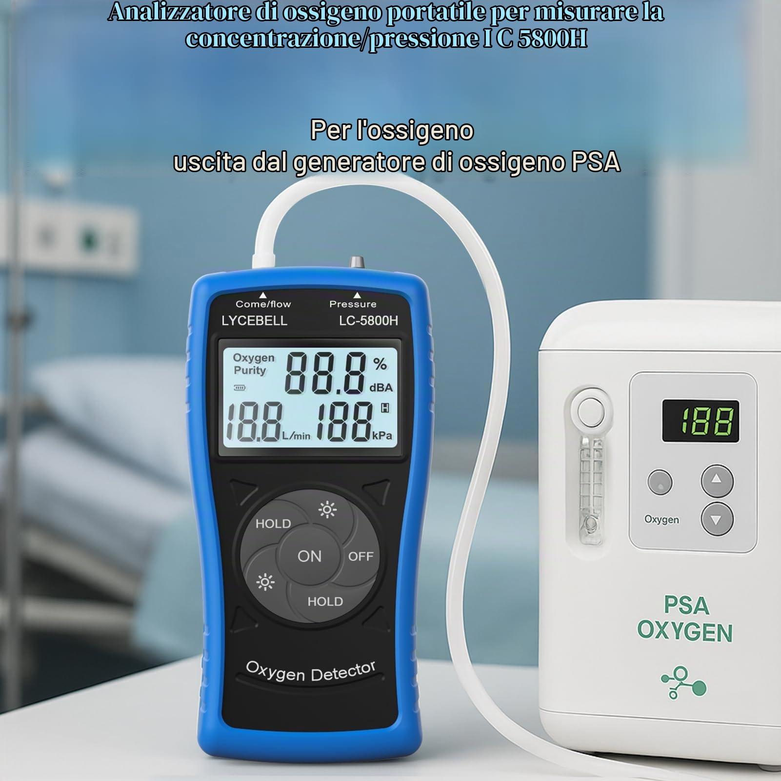 5800H Rilevatore di Ossigeno Portatile ad Ultrasuoni, 3-in-1 Misuratore per Concentrazione, Flusso e Pressione O2 di Generatore Domestico, 0-10 L/min & 0-199kPa, con Allarme Automatico