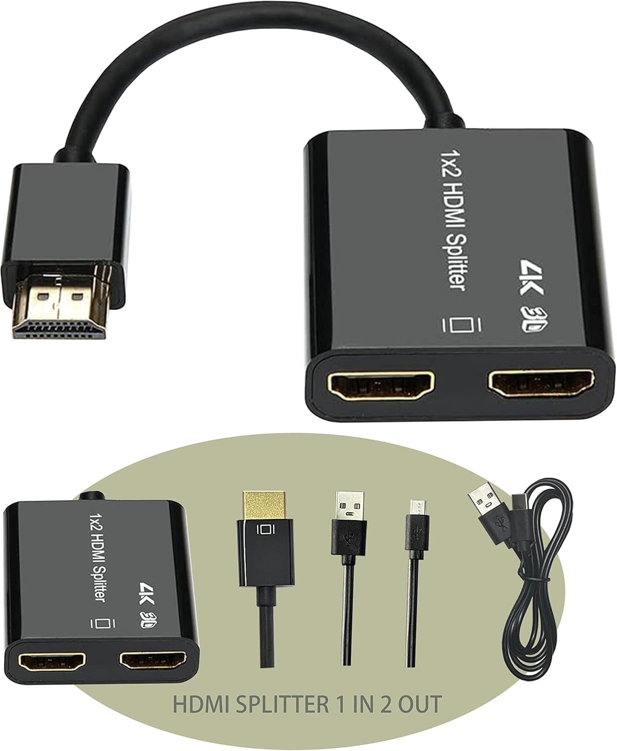 HDMI Splitter 1 in 2 Out, 4K HDMI Splitter for Dual Monitors Duplicate，Support1080P/4k30/60 /3D，Copy the Same Signal Source to Both displays