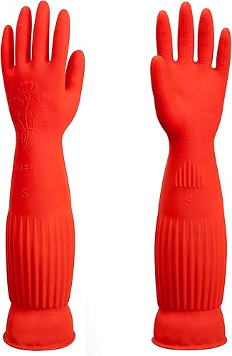 ThxToms 2 pares de guantes de goma de limpieza, forro polar, guantes de látex para lavar platos de cocina con puño largo, pequeño