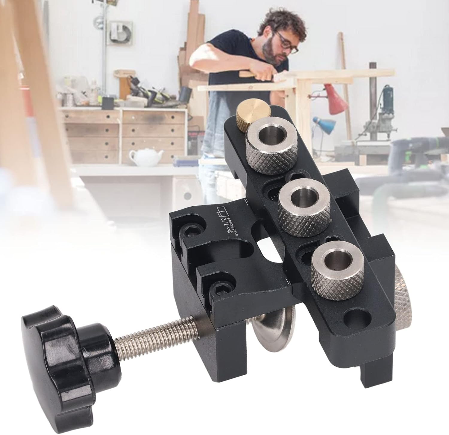 Fafeicy 3 in 1 woodworking drill, High Strength Aluminum Alloy,Adjustable Metal Bushing, Doweling Jigs Set, Inclined Angle Drilling Holes for Woodworking, Anodized Surface,, Fafeicy96ku7fh1yq