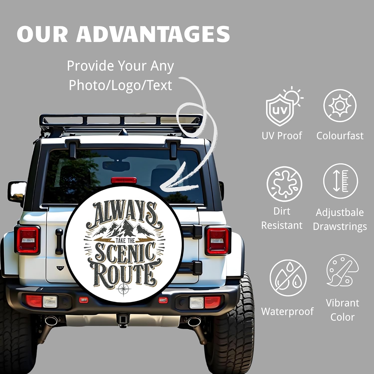 Custom Tire Cover with Backup Camera Hole, Personalized PVC Leather Spare Tire Cover with Logo/Photo/Text, Durable, Heavy Duty Wheel Cover Fits Jeep, RV, Trailer