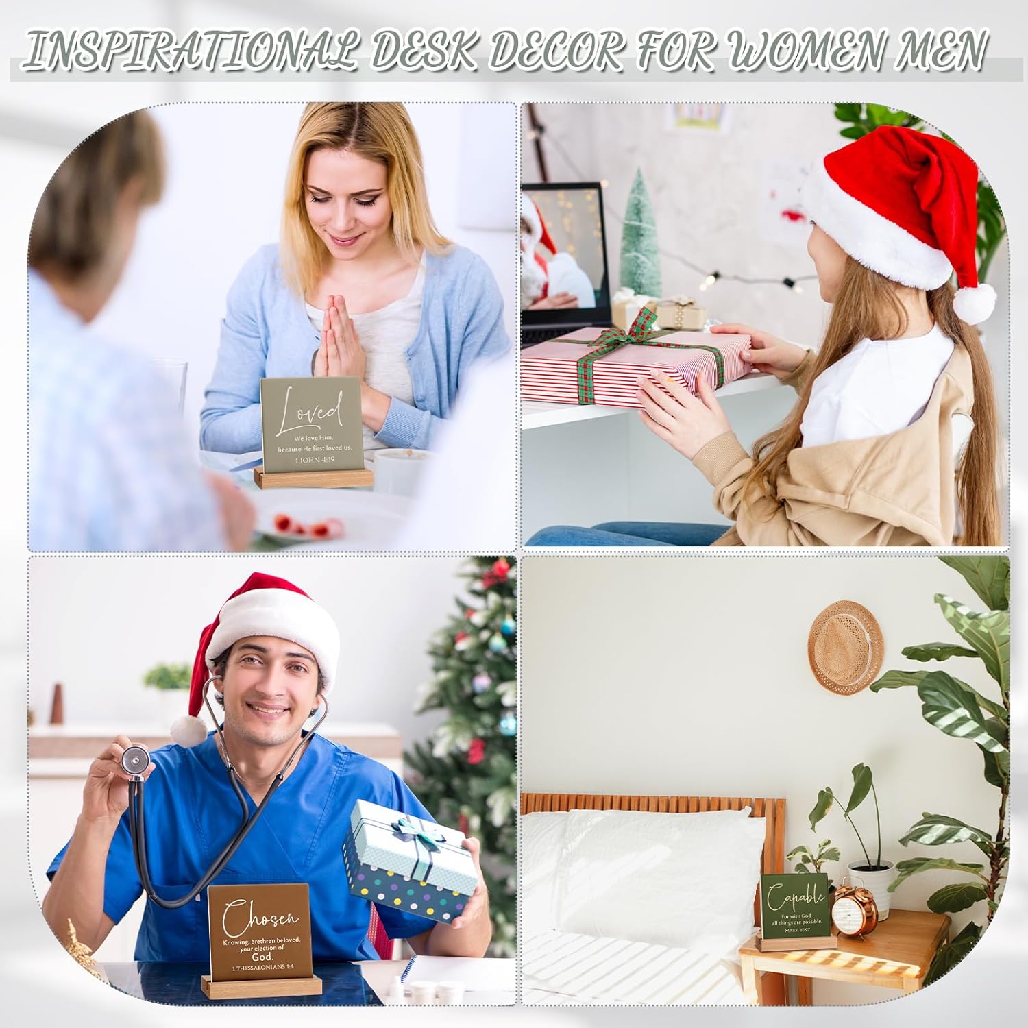 12 Pcs Christian Mother's Day Desk Decor Bible Verse Plaque Religious Ceramic Table Sign with Wooden Stand Inspirational Faith Scripture Gift for Women Office Church Baptism (Warm Color)