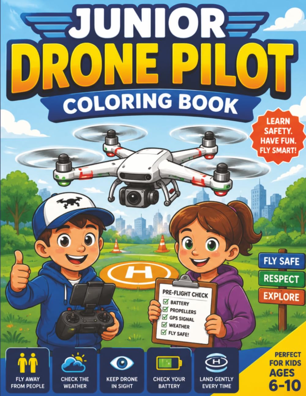 Junior Drone Pilot Coloring Book for Kids Ages 6–10: Fun STEM Learning Adventures About Drones, Aviation Safety, Engineering, Exploration, RC Flight & Creative Outdoor Activities