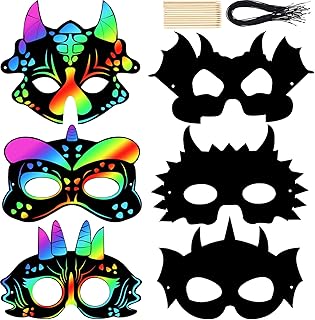 36 Pcs Dinosaur Mask Ppaer Scratch Dinosaur Masks Dinosaur Party Decorations DIY Coloring Scratch Dino Mask with Bamboo Sticks and Elastic Bands for Birthday Dinosaur Theme Party Decorations