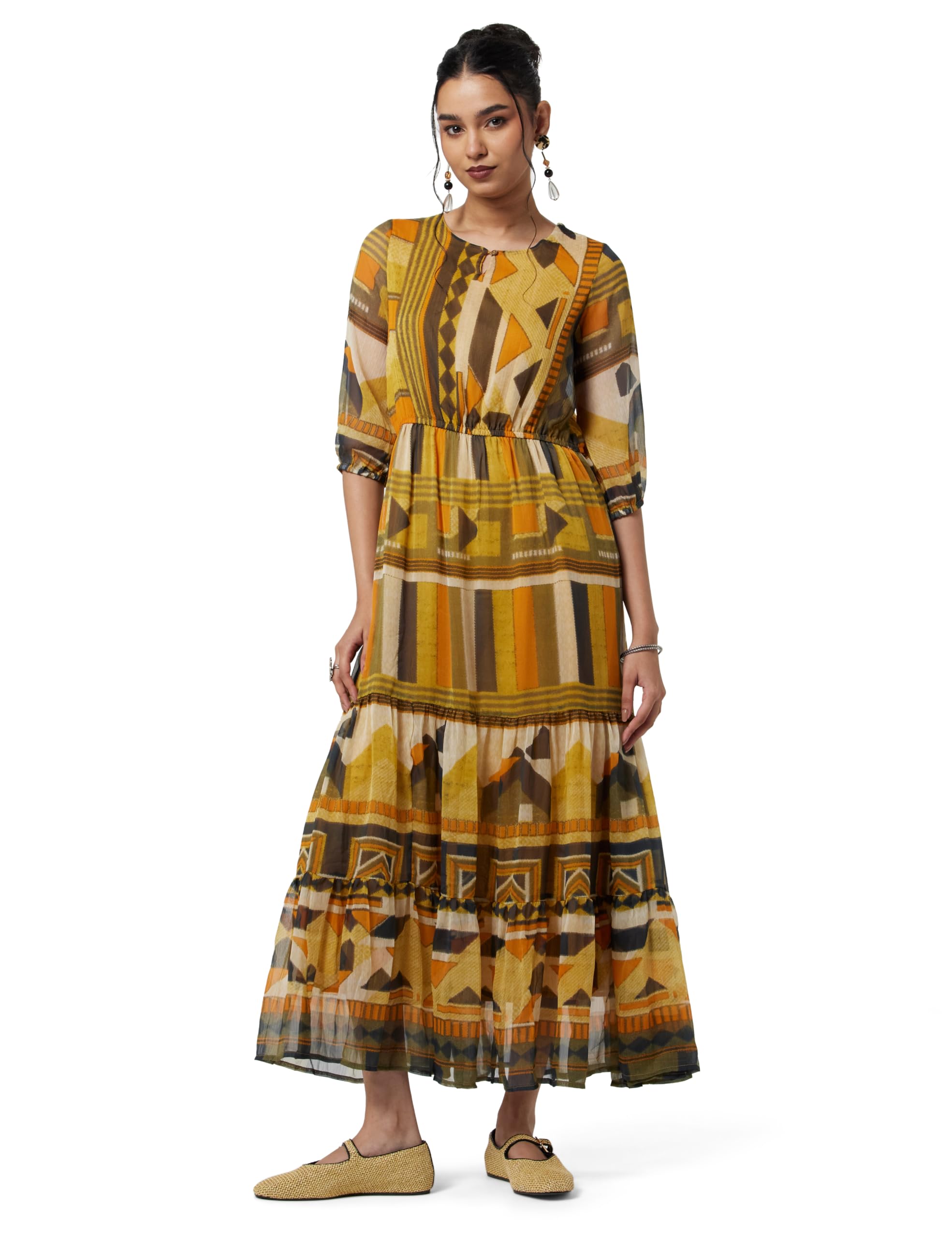 Women Cotton Blend Tiered Printed Dress-image-42