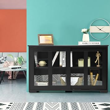 TANGZON Kitchen Sideboard, Buffet Cabinet with Sliding Doors and Adjustable Shelf, Wooden Storage Cupboard Unit for Living Room, Dining Room and Hallway (Black, with glass)