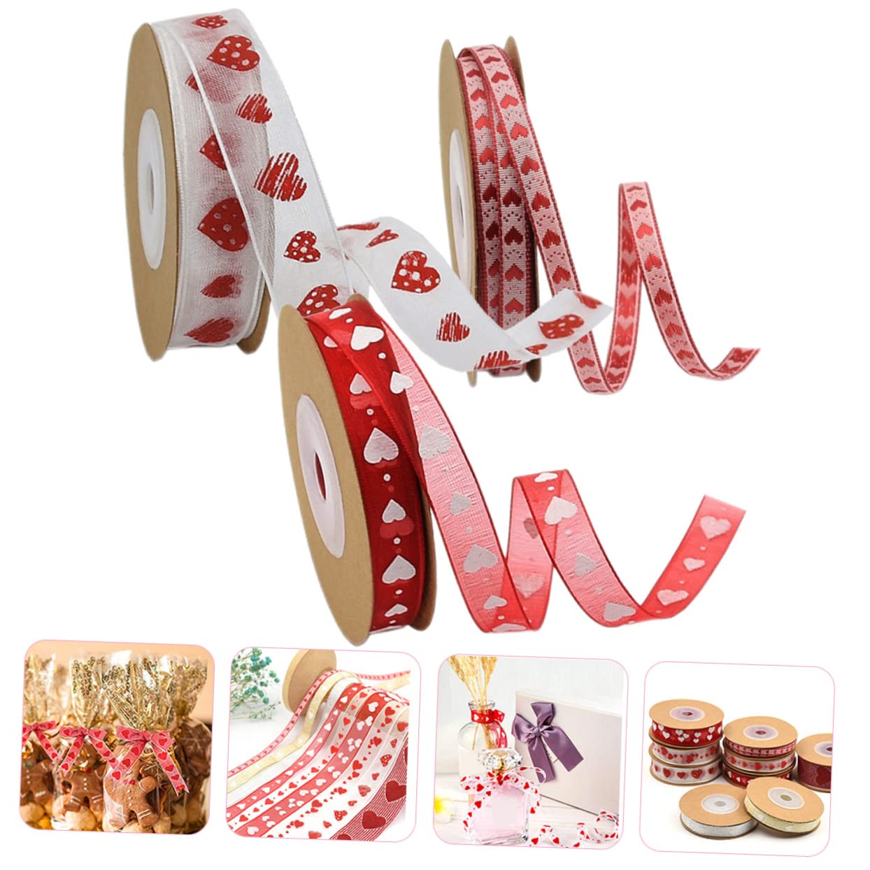 VILLCASE 3 Sätze Valentinstag Banddekor Valentinstag Bänder Aufkleber Bögen Herz Valentinsgrüße Verpackungsband Sackleinen Liebe Strasssteine Stift Hochzeitsband Gold Polyester 3 Rollen * 3