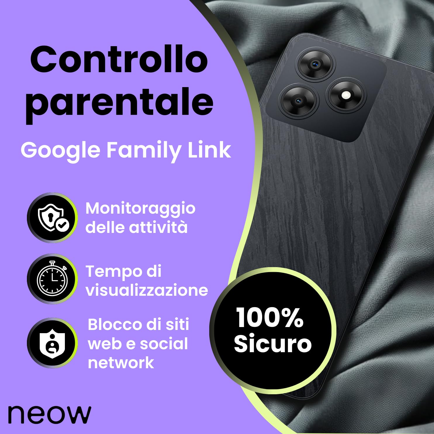 Neow Safe Smartphone Android 14 4G | Schermo HD+ da 6,56" | Smartphone per adolescenti | App scolastiche e divertenti preinstallate | Controllo genitori | Custodia in silicone gratuita (viola)