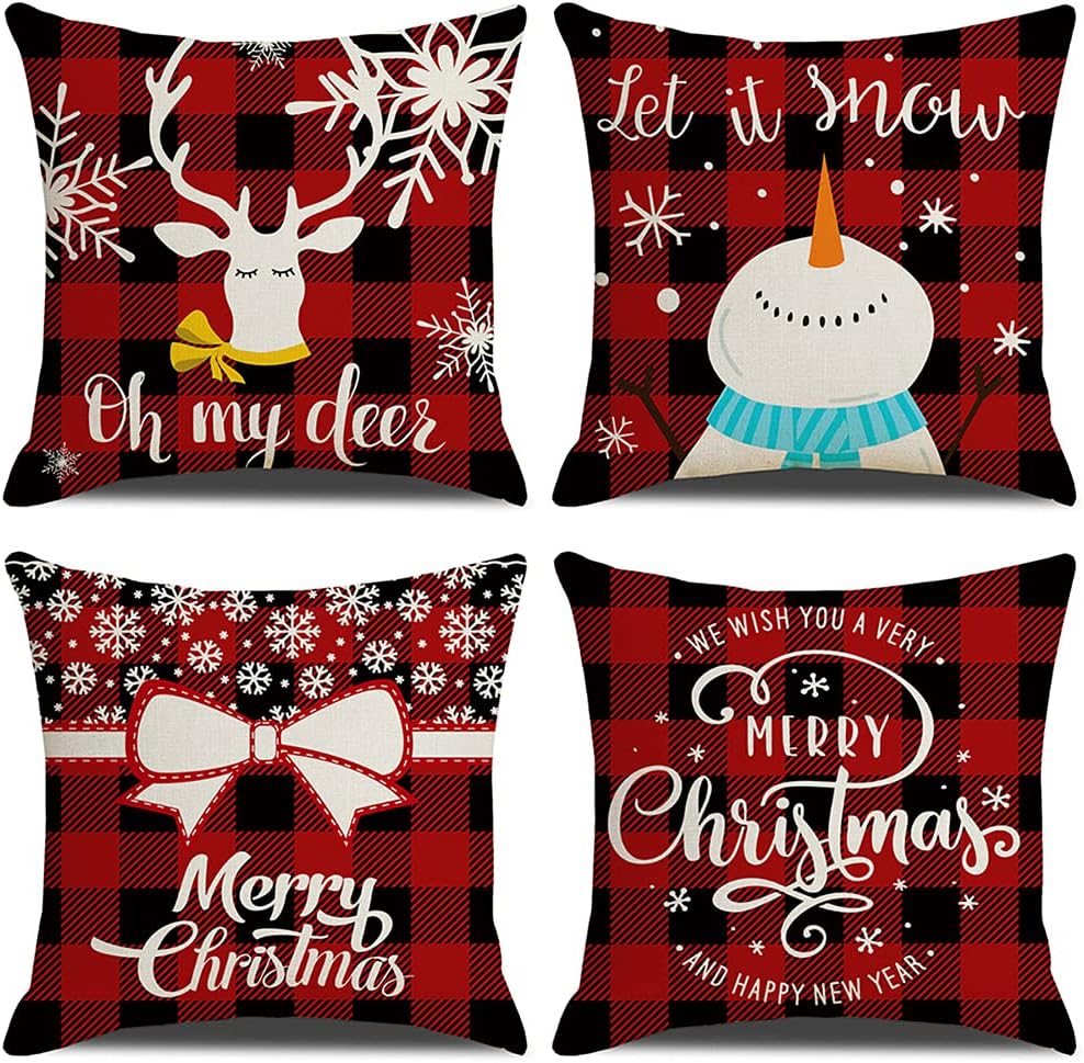 NANEEZOO Christmas Pillow Case - Set of 4 Christmas Cushion Covers 18 x 18 Inch Cotton Linen Pillow Cover Red Throw Cushion Cover for Home Office Sofa Bed Christmas Party Decoration (Red)