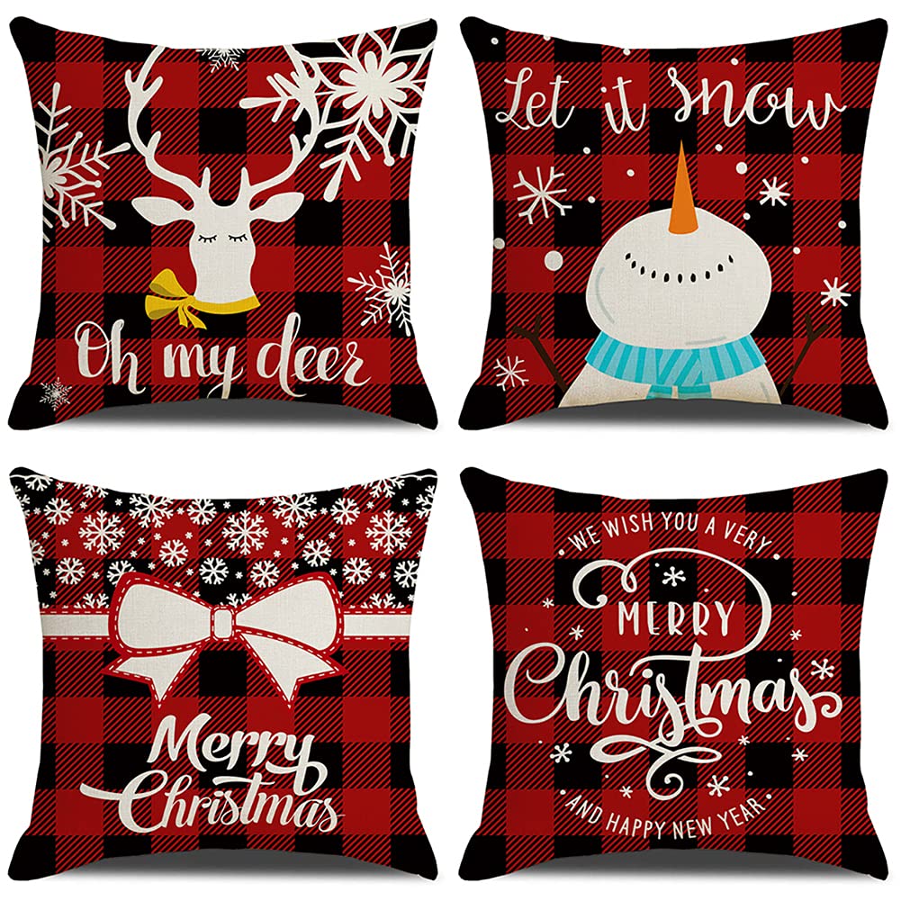 NANEEZOO Christmas Pillow Case - Set of 4 Christmas Cushion Covers 18 x 18 Inch Cotton Linen Pillow Cover Red Throw Cushion Cover for Home Office Sofa Bed Christmas Party Decoration (Red)