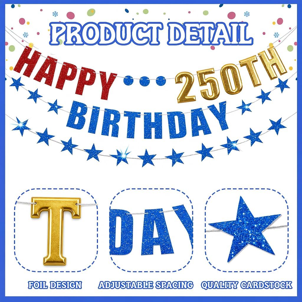 USA 250th Birthday Decorations Happy 250th Birthday Foil Banner Blue Red White Paper Pom Poms Glitter Star Garland, Party Decoration Set