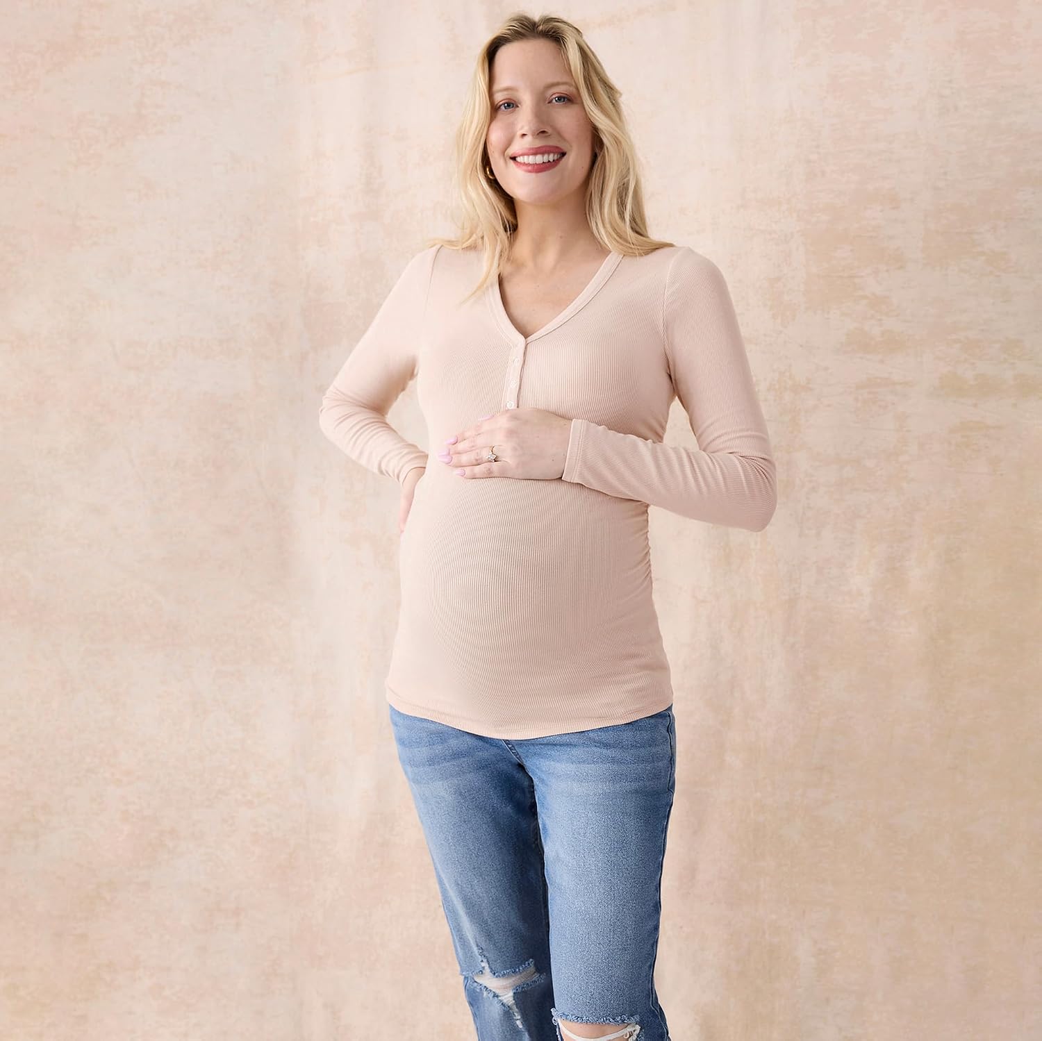 Motherhood Maternity Women's Long Sleeve V-Neck Side Ruched Henley Pregnancy Tee Shirt