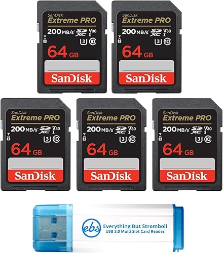 SanDisk - Tarjeta de memoria Extreme Pro de 64 GB (5 unidades) (SDSDXXU-064G-GN4IN) SDXC 4K V30 UHS-I con lector combinado Everything But Stromboli