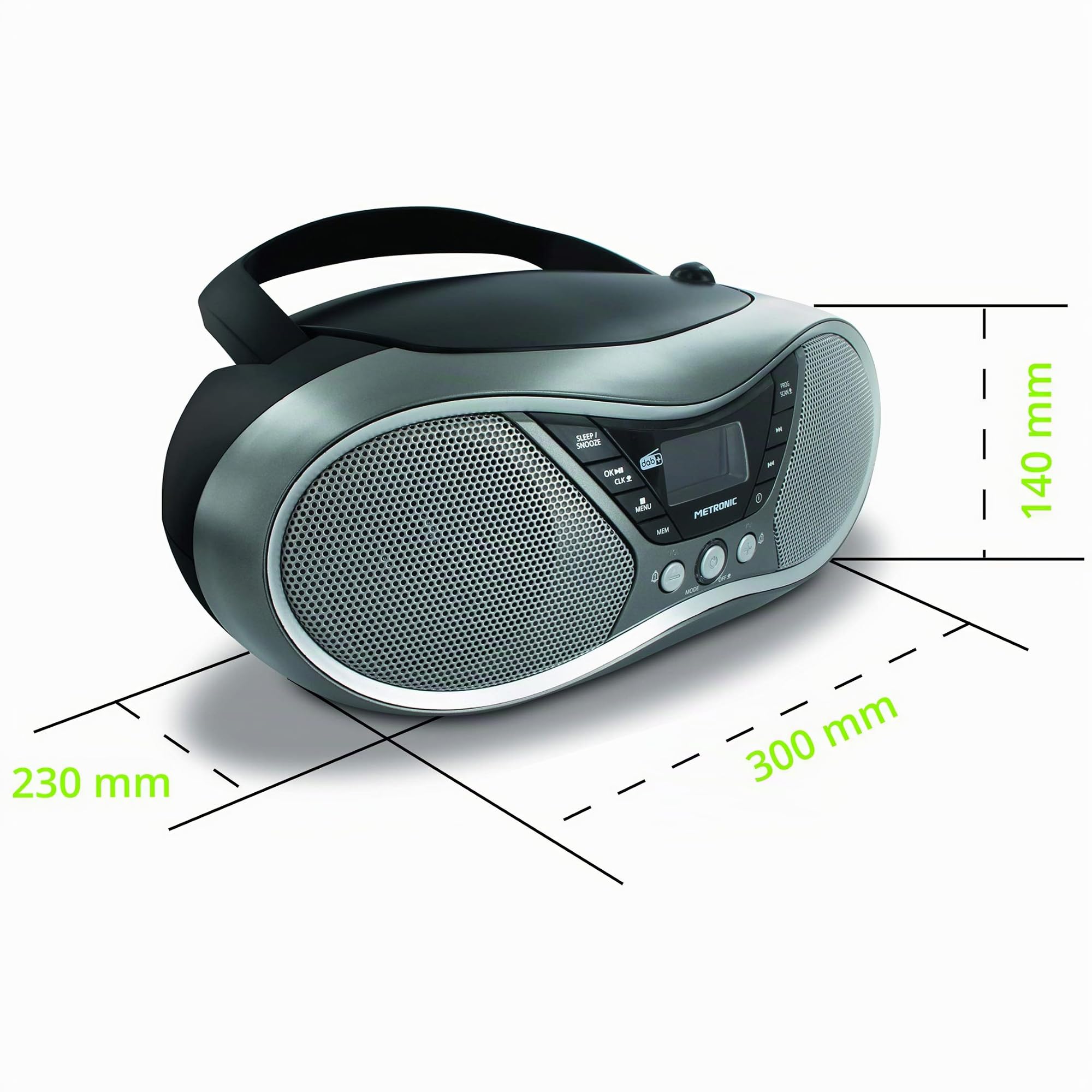 METRONIC 477171 Lecteur CD MP3 numérique DAB+ et FM RDS avec port USB, entrée audio, sortie casque, fonction double alarme - Gris et Noir