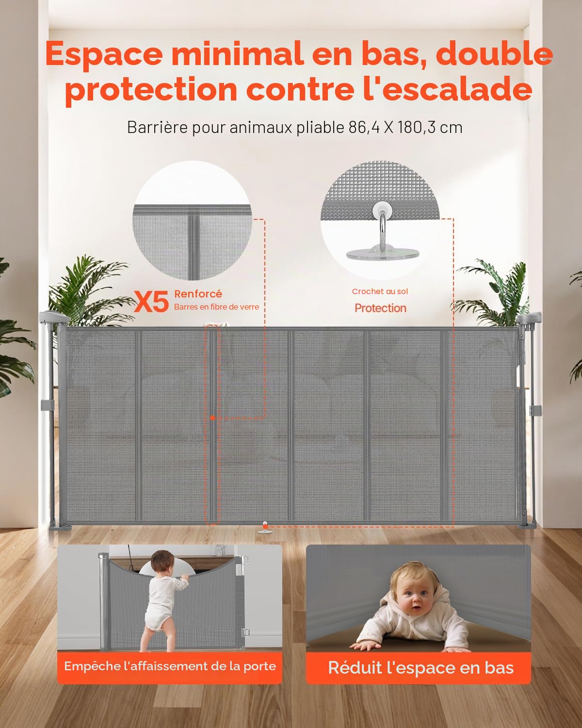 VEVOR Barrière de Sécurité Extensible Jusqu’à 180 cm Hauteur 87 cm, Barrière Rétractable pour Animaux de Compagnie, Clôtures en Mailles, Installation Facile, pour Chiens Couloir Escalier Porte, Gris
