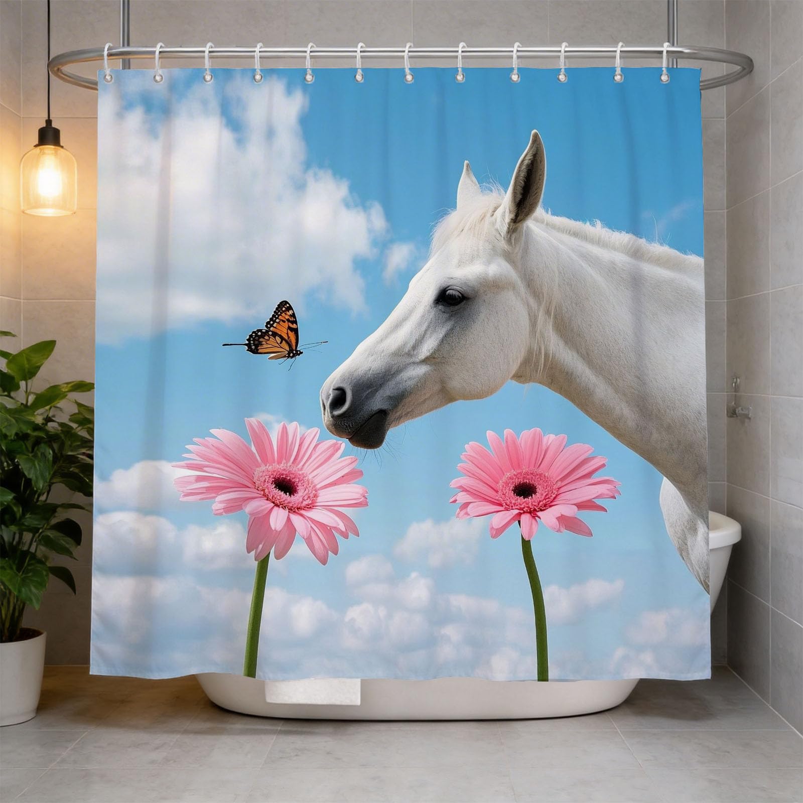 Hongduo 3D Snowy Horse Shower Curtain for Stalls Bathtubs Butterfly Bathroom Decor Shower Curtain Set Polyester Fabric Waterproof 200x200cm/79X79 Inch with Hooks