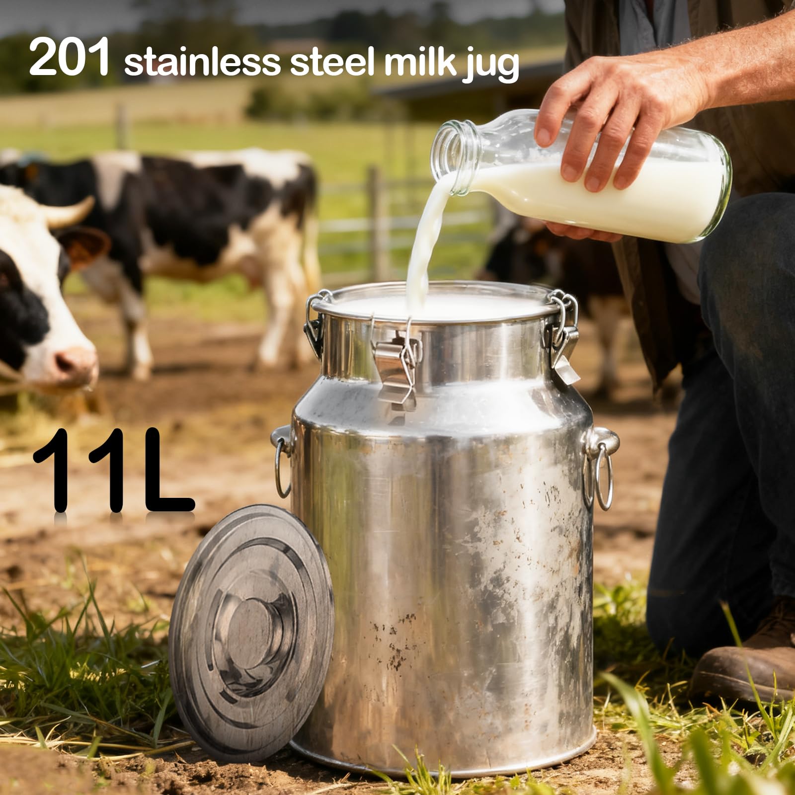 Secchio per Latte in Acciaio Inox, 11L Bidone del Latte con Coperchio Sigillato, Lattina per Trasporto del Latte di Fattoria per Vino, Olio Liquidi e Solidi, Lattiere per Trasporto o Conservazione