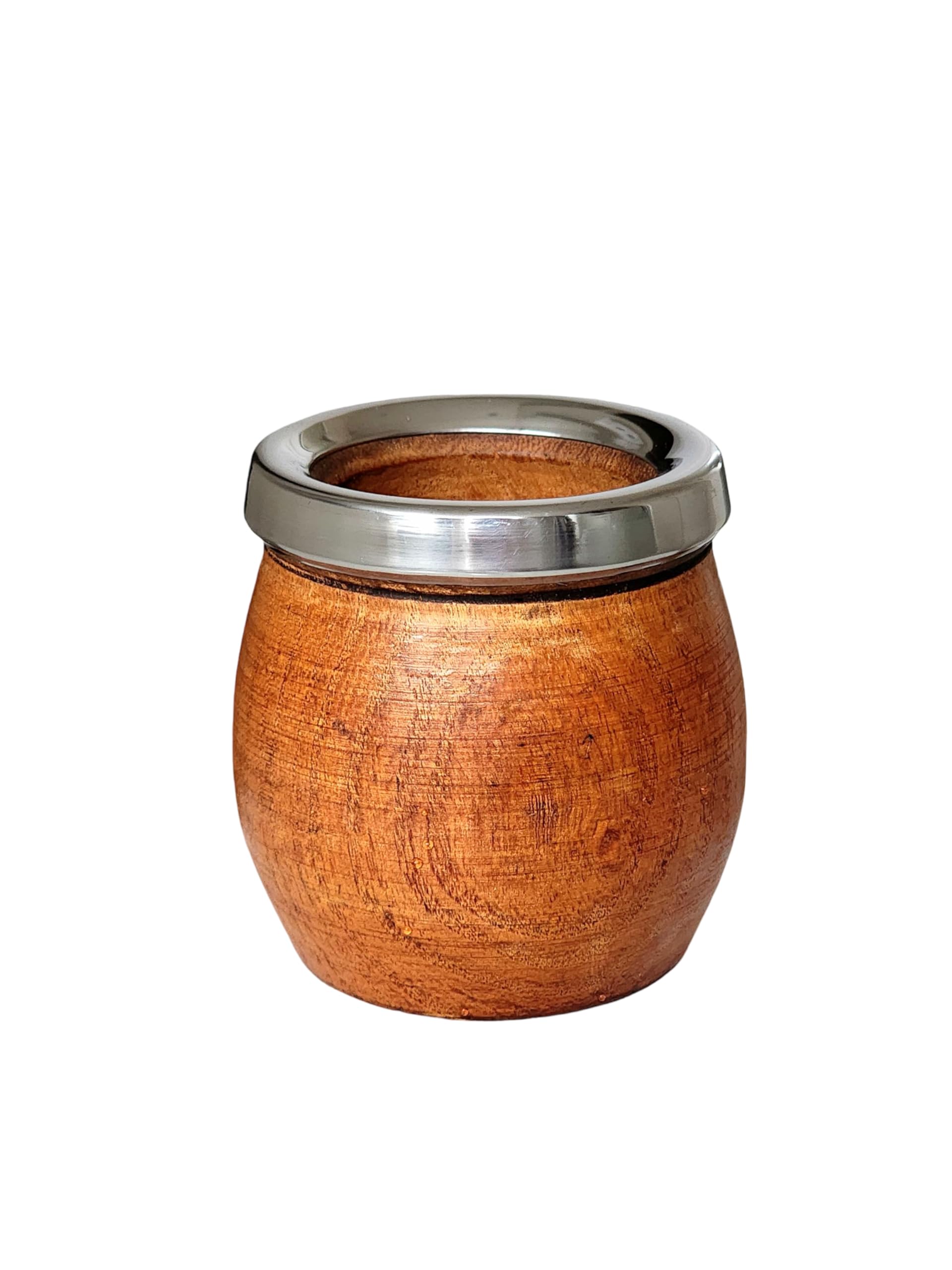 Tasse mate argentine naturelle fabriquée à la main en bois de caroube avec bord en acier inoxydable, mat avec ampoule, Gourd mate mug, style tonneau