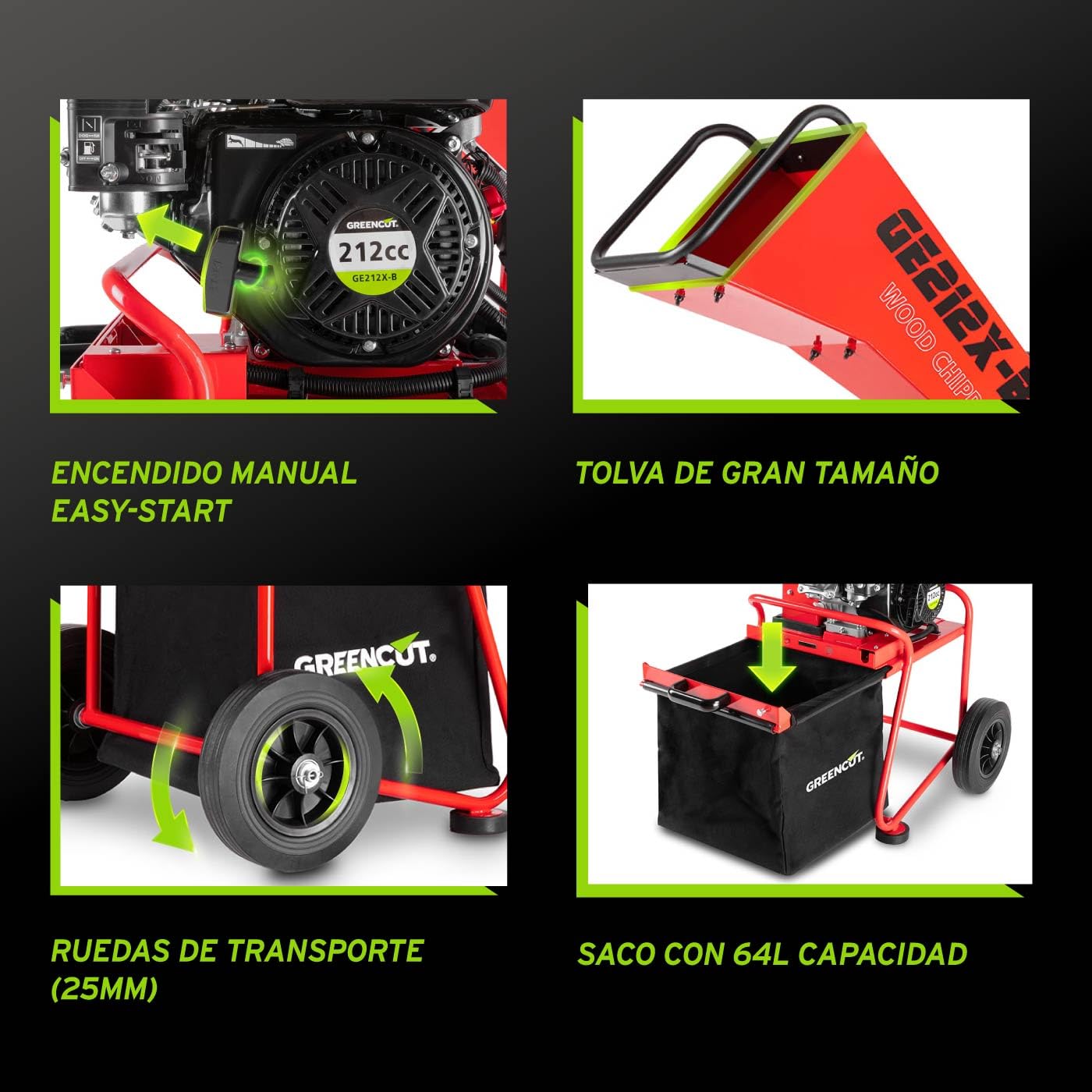 GREENCUT GE212X-B - Biotrituradora de Gasolina 212cc 7cv , Tritura Ramas Hasta 50mm, Incluye Saco de 64L, con Ruedas y Asa para Transporte Roja