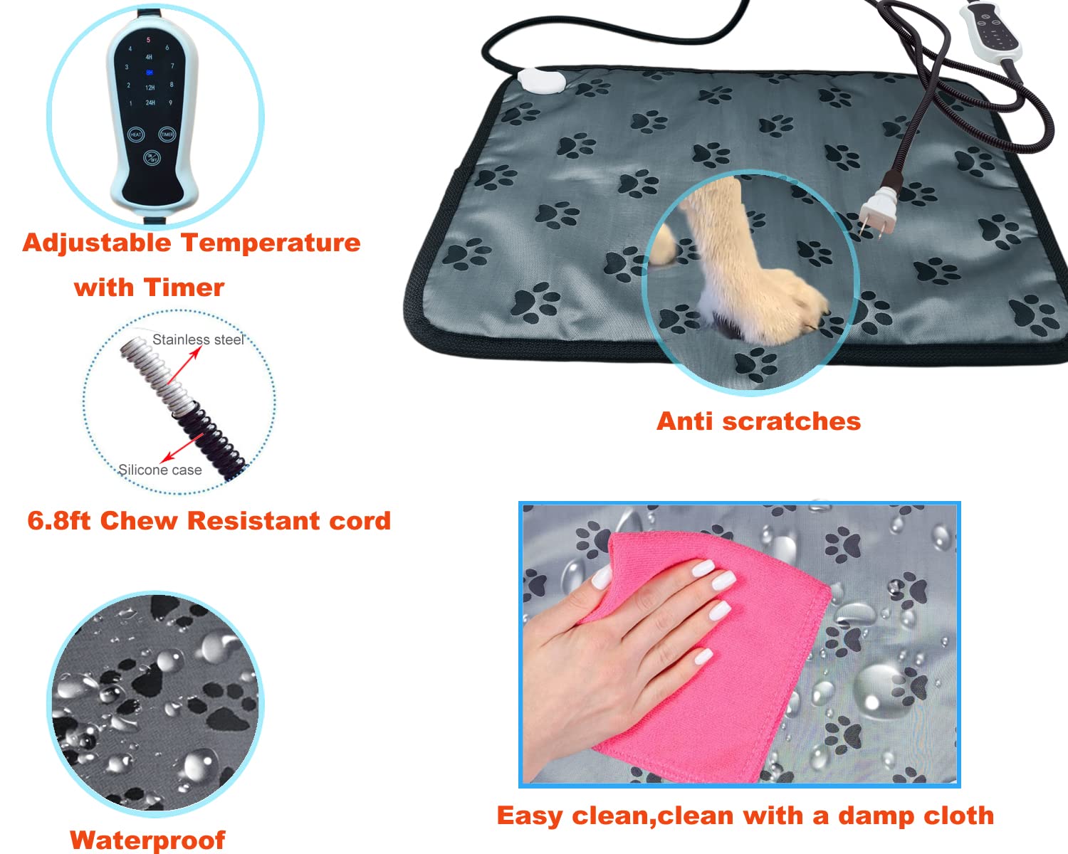 Coussin chauffant pour animaux de compagnie pour grands chiens et chats - Coussin chauffant électrique avec minuterie réglable - Résistant à la mastication - Facile à nettoyer