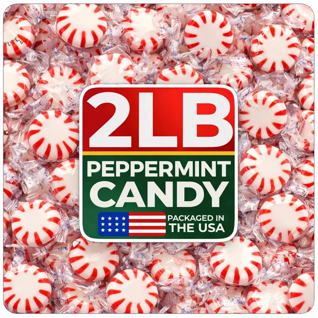 Cambie Peppermint Candy - 2 lbs of Mints Individually Wrapped, Perfect For After Dinner Mints, For Home, Restaurant or Office Candy, Bright Red & White Swirl