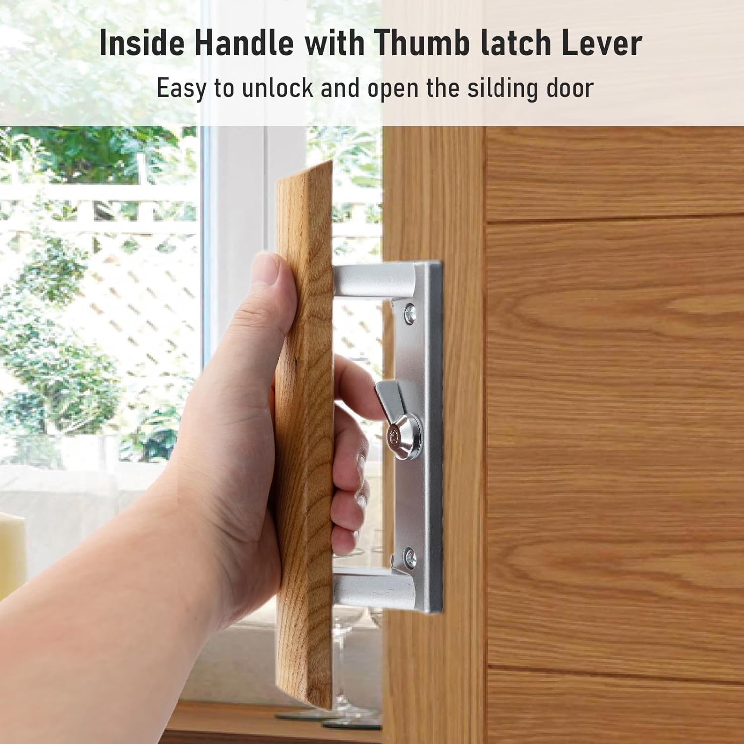 HOME MASTER HARDWARE Patio Sliding Door Handle Set, Non-keyed Sliding Screen Door Handles with Wood Handle, Sliding Door Hardware Fits 3-15/16" Hole Spacing
