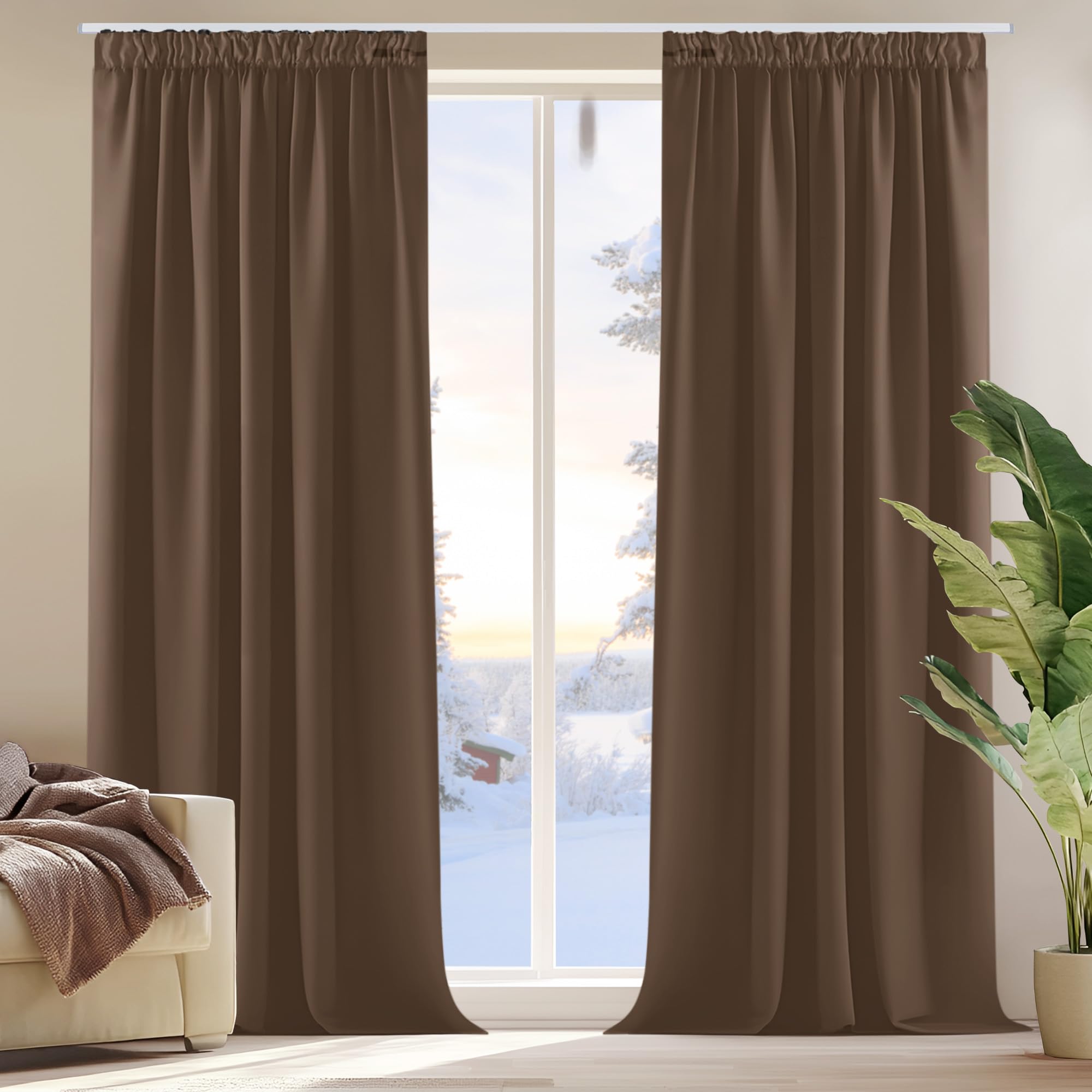 Deconovo Gardinen Blickdihct Kräuselband Vorhänge Thermovorhang Verdunkelung, 245x140cm(HöhexBreite), Braun, 2er Set