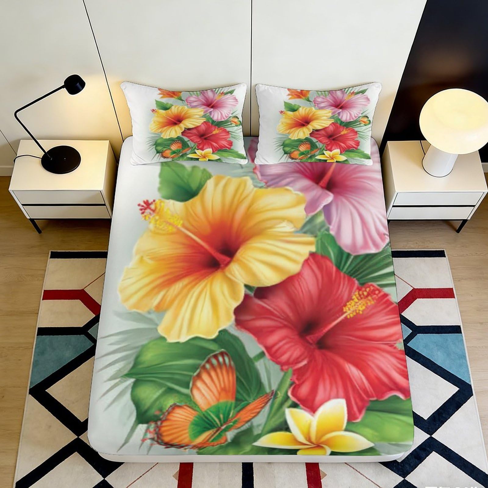 3D Printed Tropical Hibiscus Flower Fitted Sheet Microfiber Soft Breathable Butterfly Bed Cover for Bedroom Guest Room Decor 90x200x25cm